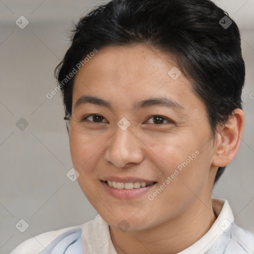 Joyful white young-adult female with short  brown hair and brown eyes
