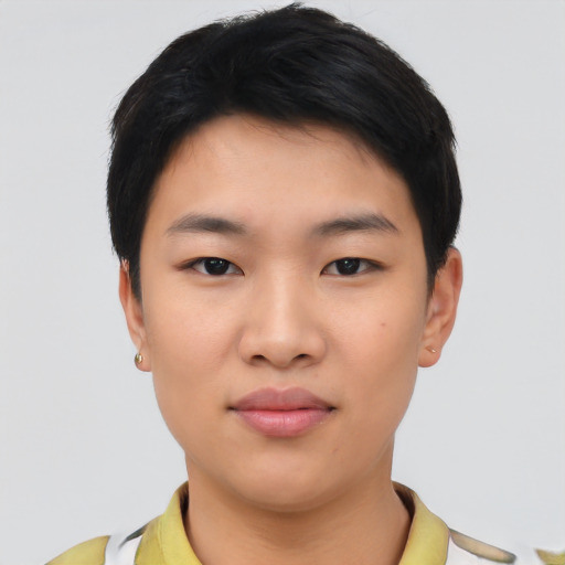 Neutral asian young-adult male with short  black hair and brown eyes