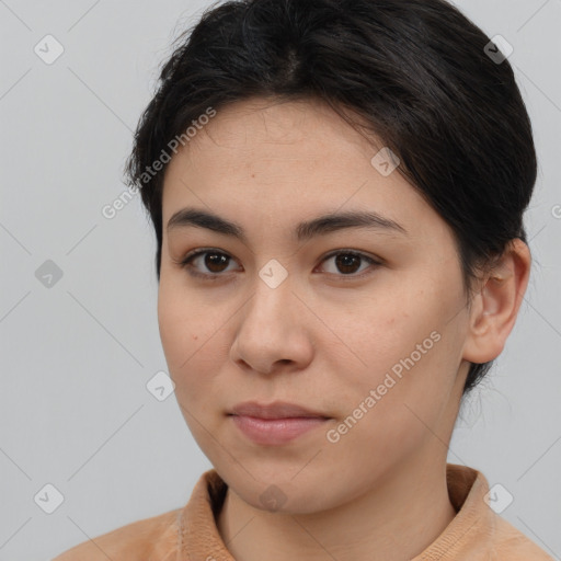 Neutral white young-adult female with medium  brown hair and brown eyes