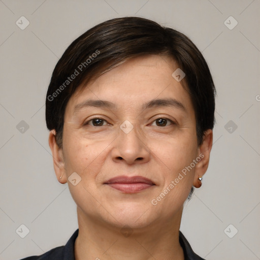 Joyful white adult female with short  brown hair and brown eyes