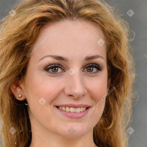 Joyful white young-adult female with long  brown hair and green eyes