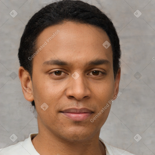 Neutral latino young-adult male with short  black hair and brown eyes