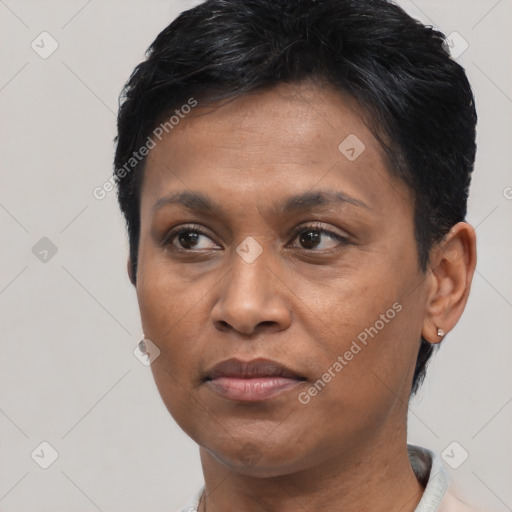 Joyful black adult female with short  brown hair and brown eyes