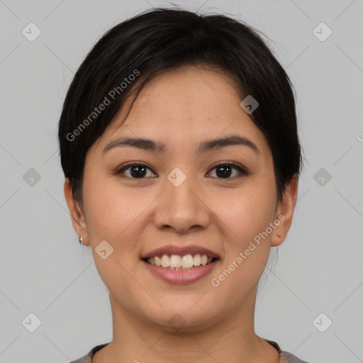 Joyful asian young-adult female with short  brown hair and brown eyes