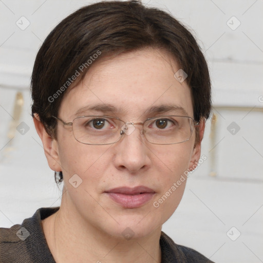 Joyful white adult female with short  brown hair and grey eyes