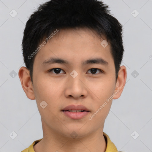 Neutral asian young-adult male with short  brown hair and brown eyes