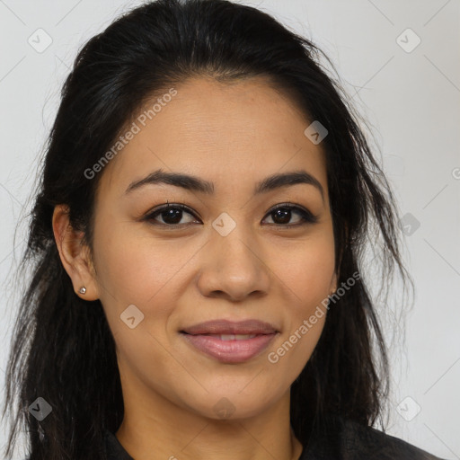 Joyful latino young-adult female with long  brown hair and brown eyes