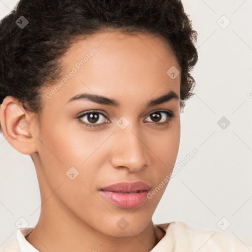 Neutral white young-adult female with short  brown hair and brown eyes