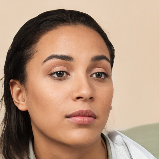 Neutral white young-adult female with short  brown hair and brown eyes