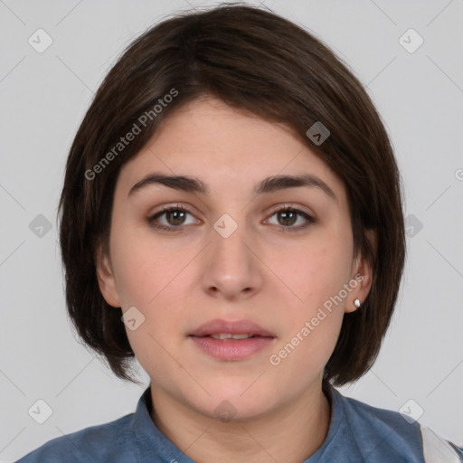 Neutral white young-adult female with medium  brown hair and brown eyes