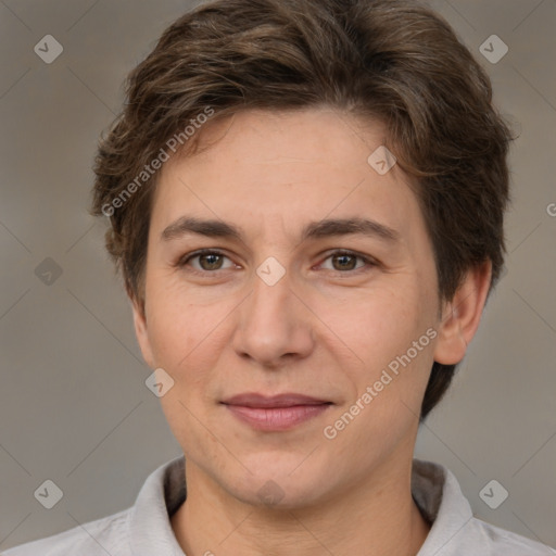 Joyful white adult female with short  brown hair and brown eyes