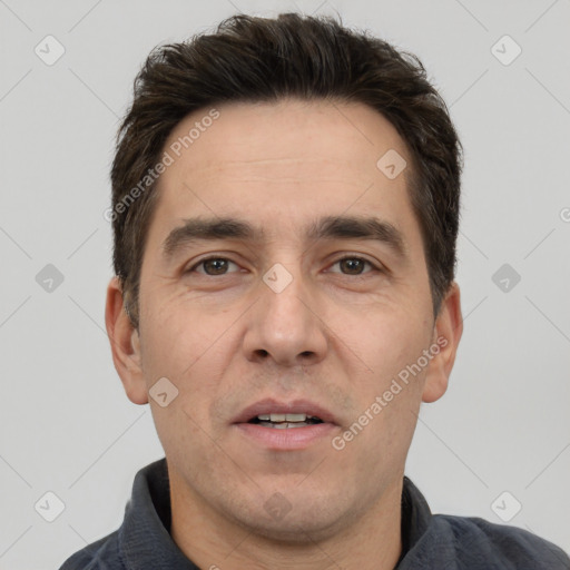 Neutral white adult male with short  brown hair and brown eyes