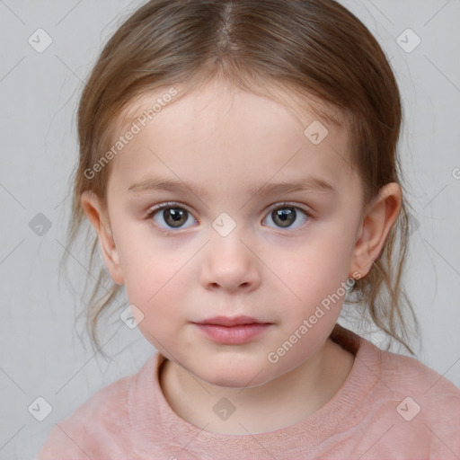 Neutral white child female with medium  brown hair and blue eyes