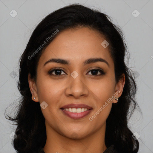 Joyful latino young-adult female with long  brown hair and brown eyes