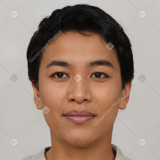 Joyful latino young-adult male with short  black hair and brown eyes