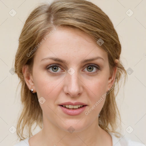 Joyful white young-adult female with medium  brown hair and blue eyes