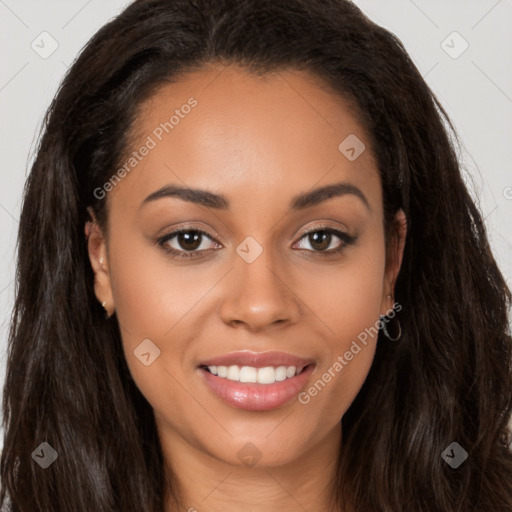 Joyful latino young-adult female with long  brown hair and brown eyes