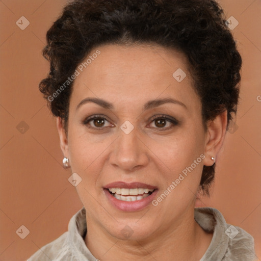Joyful white adult female with short  brown hair and brown eyes