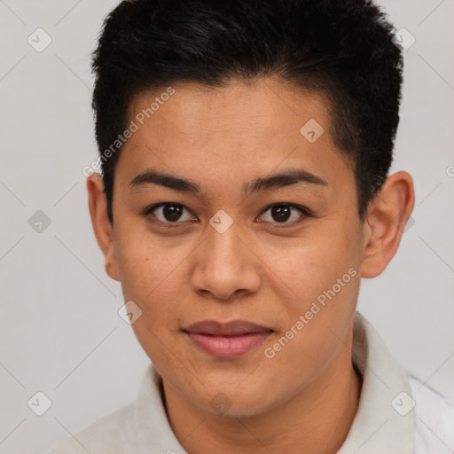 Joyful latino young-adult female with short  brown hair and brown eyes