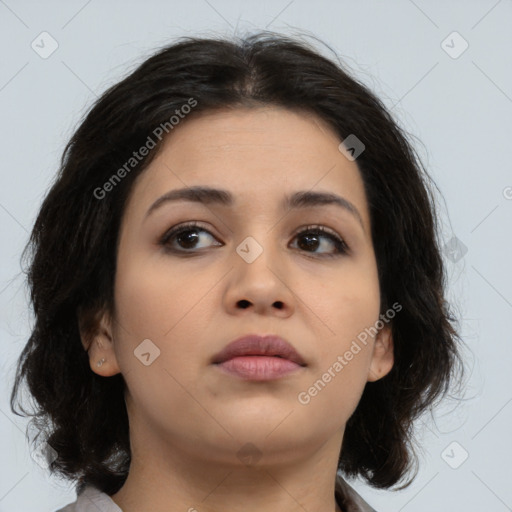 Neutral asian young-adult female with medium  brown hair and brown eyes