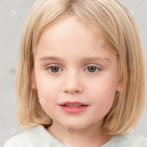 Neutral white child female with medium  brown hair and blue eyes