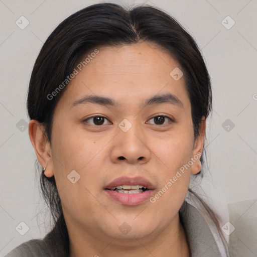 Joyful white young-adult female with medium  brown hair and brown eyes