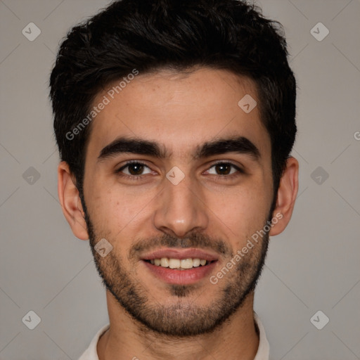 Joyful white young-adult male with short  black hair and brown eyes