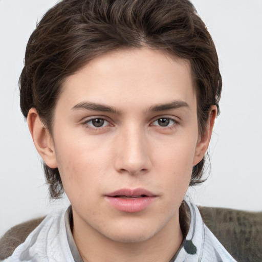 Neutral white young-adult female with short  brown hair and brown eyes