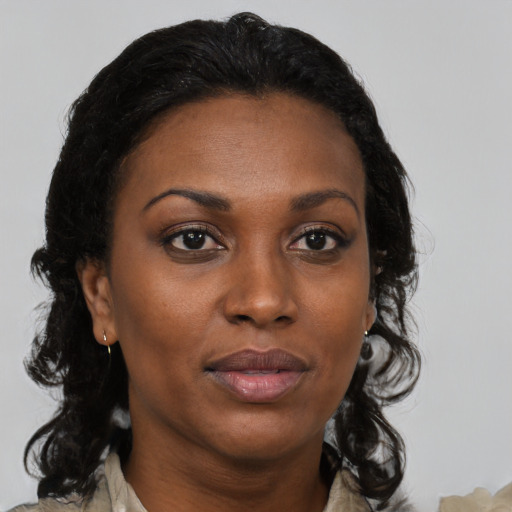 Joyful black adult female with medium  brown hair and brown eyes