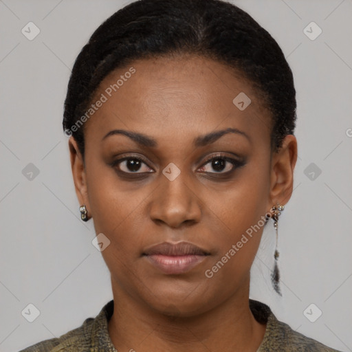 Neutral black young-adult female with short  black hair and brown eyes