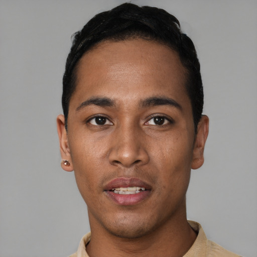 Neutral black young-adult male with short  black hair and brown eyes
