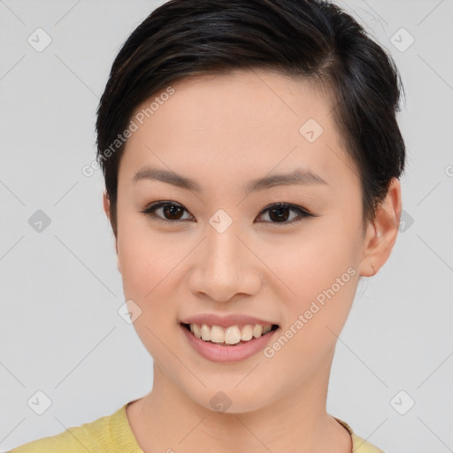 Joyful asian young-adult female with medium  brown hair and brown eyes