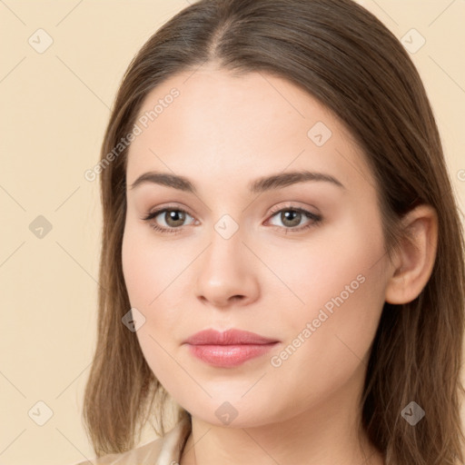 Neutral white young-adult female with long  brown hair and brown eyes