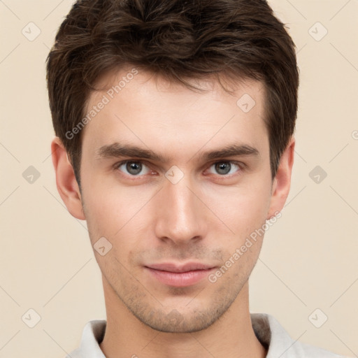 Neutral white young-adult male with short  brown hair and brown eyes