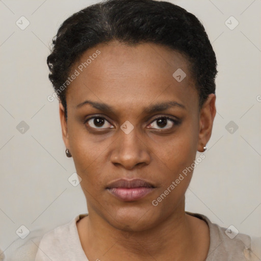 Neutral black young-adult female with short  black hair and brown eyes