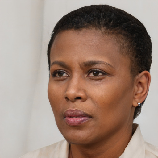 Neutral black young-adult female with short  brown hair and brown eyes