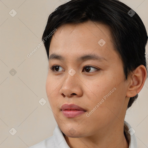 Neutral asian young-adult female with short  black hair and brown eyes