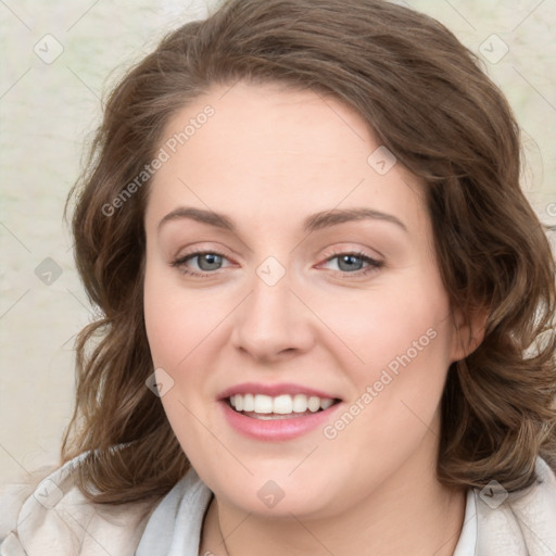 Joyful white young-adult female with medium  brown hair and green eyes