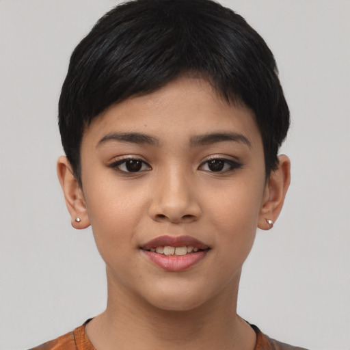 Joyful asian young-adult female with short  black hair and brown eyes
