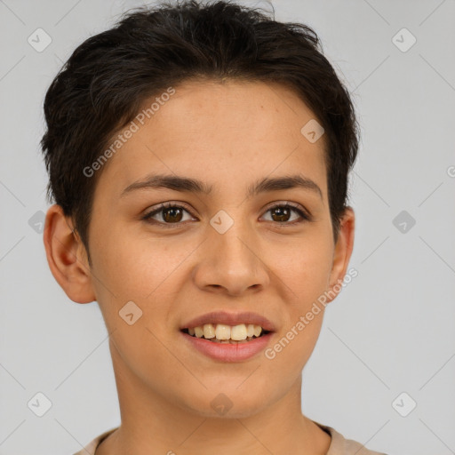 Joyful white young-adult female with short  brown hair and brown eyes