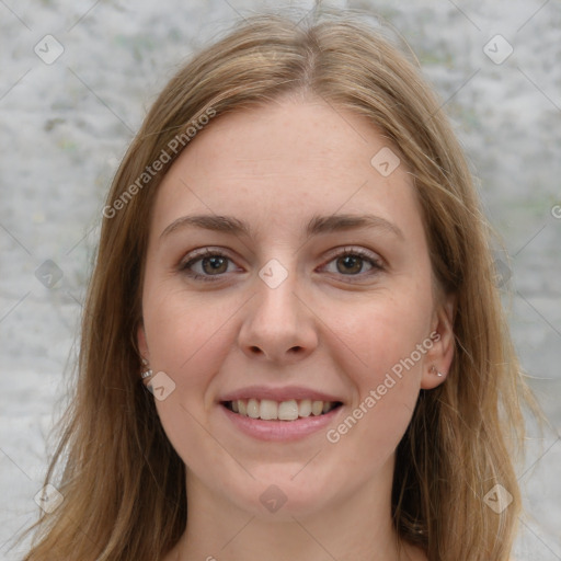 Joyful white young-adult female with long  brown hair and grey eyes