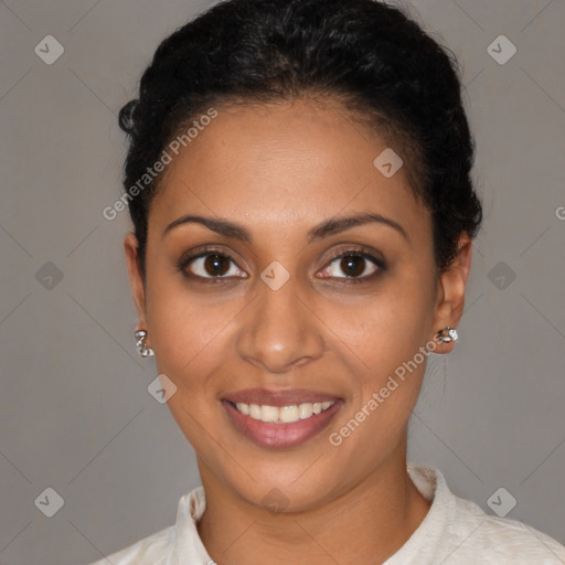 Joyful latino young-adult female with short  brown hair and brown eyes