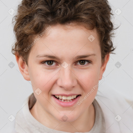 Joyful white child female with short  brown hair and brown eyes