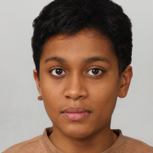 Neutral black young-adult female with short  brown hair and brown eyes