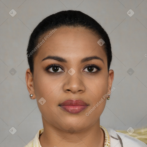 Joyful latino young-adult female with short  brown hair and brown eyes