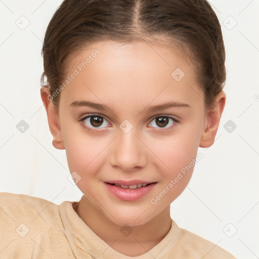 Joyful white child female with short  brown hair and brown eyes