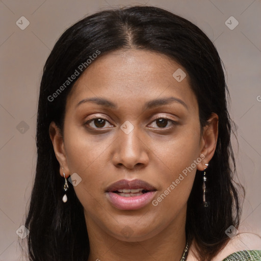 Joyful white young-adult female with long  brown hair and brown eyes