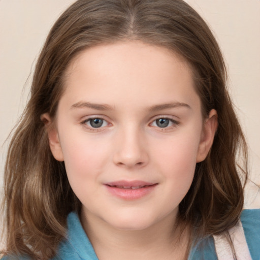 Joyful white child female with medium  brown hair and grey eyes