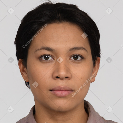 Neutral asian young-adult female with short  brown hair and brown eyes