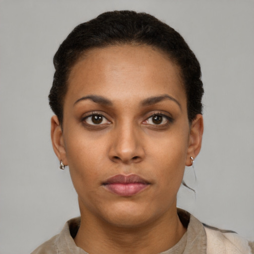 Neutral latino young-adult female with short  brown hair and brown eyes